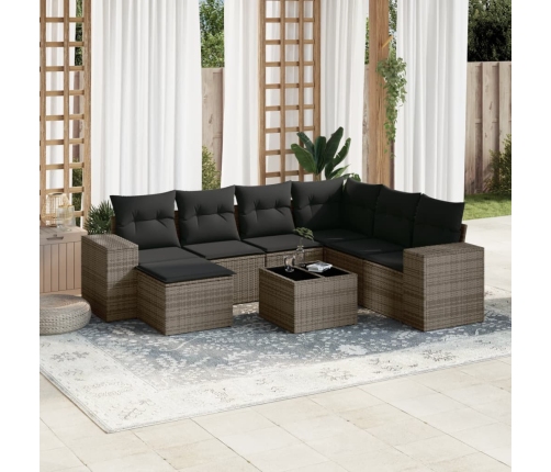Set de sofás de jardín 8 pzas y cojines ratán sintético gris
