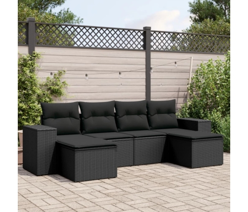 Set de sofás de jardín 6 piezas y cojines ratán sintético negro