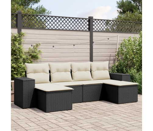 Set de sofás de jardín 6 piezas y cojines ratán sintético negro