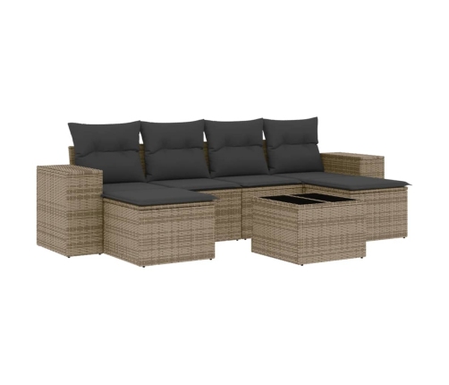 Set de sofás de jardín 7 piezas con cojines ratán PE gris
