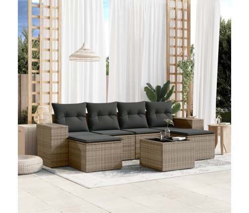 Set de sofás de jardín 7 piezas con cojines ratán PE gris