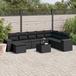 Set de sofás de jardín 8 piezas y cojines ratán sintético negro