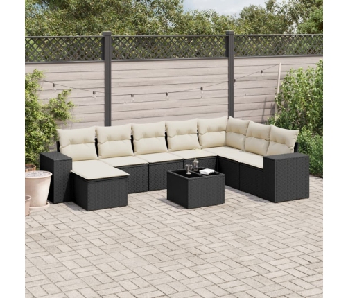 Set de sofás de jardín 8 piezas y cojines ratán sintético negro