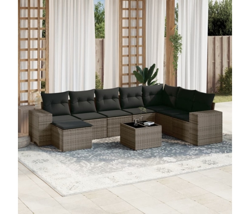 Set de muebles de jardín 9 pzas y cojines ratán sintético gris