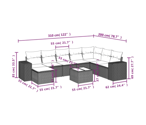 Set muebles jardín 9 pzas y cojines ratán sintético gris claro