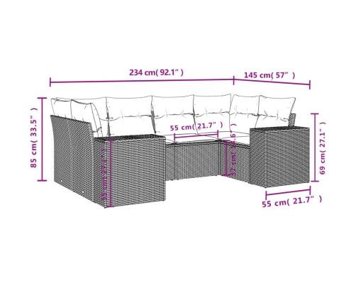 Set sofás de jardín 6 piezas y cojines ratán sintético marrón