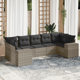 Set de sofás de jardín 7 pzas con cojines ratán PE gris claro