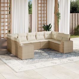 Set de sofás de jardín 9 pzas con cojines ratán sintético beige