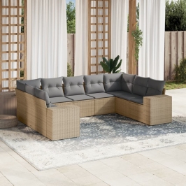 Set de sofás de jardín 9 pzas con cojines ratán sintético beige
