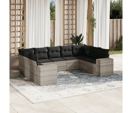 Set muebles jardín 9 pzas y cojines ratán sintético gris claro