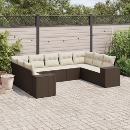 Set de sofás de jardín 9 pzas y cojines ratán sintético marrón