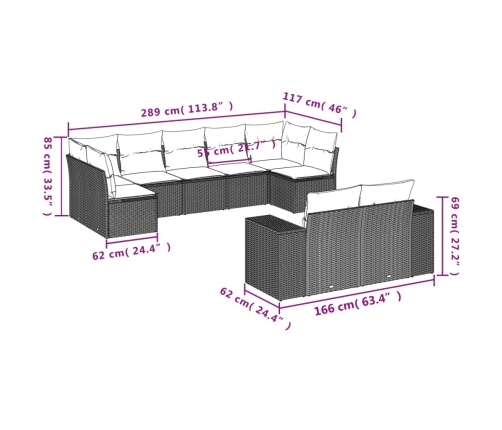 Set de muebles de jardín 9 pzas y cojines ratán sintético gris