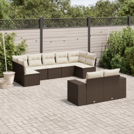 Set de sofás de jardín 9 pzas y cojines ratán sintético marrón