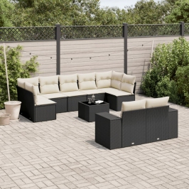 Set de sofás de jardín 10 pzas cojines ratán sintético negro