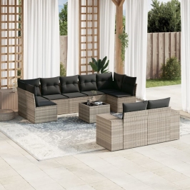 Set sofás jardín 10 pzas con cojines ratán sintético gris claro