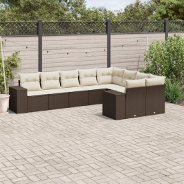 Set de sofás de jardín 9 pzas y cojines ratán sintético marrón