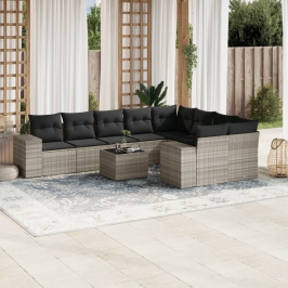 Set sofás jardín 10 pzas con cojines ratán sintético gris claro
