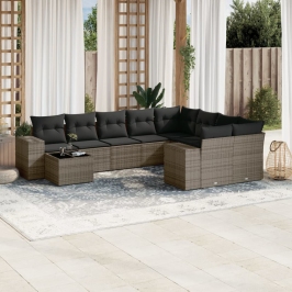 Set de sofás de jardín 10 pzas con cojines ratán sintético gris
