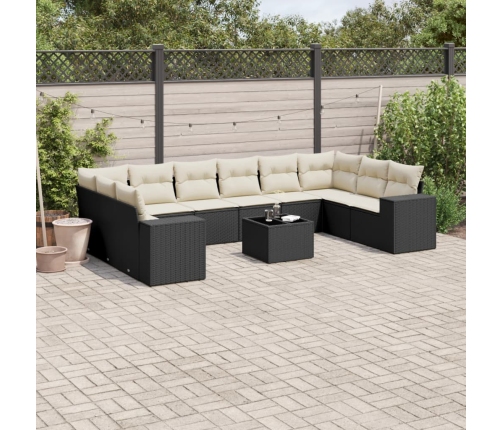 Set de sofás de jardín 11 pzas y cojines ratán sintético negro