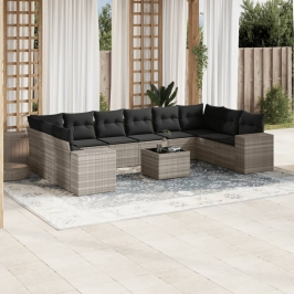 Set de sofás de jardín 11 pzas y cojines ratán sintético gris
