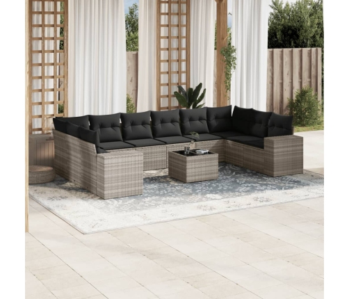 Set de sofás de jardín 11 pzas y cojines ratán sintético gris