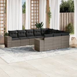 Set de sofás de jardín 10 pzas con cojines ratán sintético gris