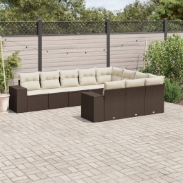 Set de sofás de jardín 10 pzas y cojines ratán sintético marrón