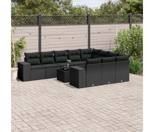 Set de sofás de jardín 11 pzas y cojines ratán sintético negro
