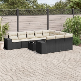 Set de sofás de jardín 11 pzas y cojines ratán sintético negro