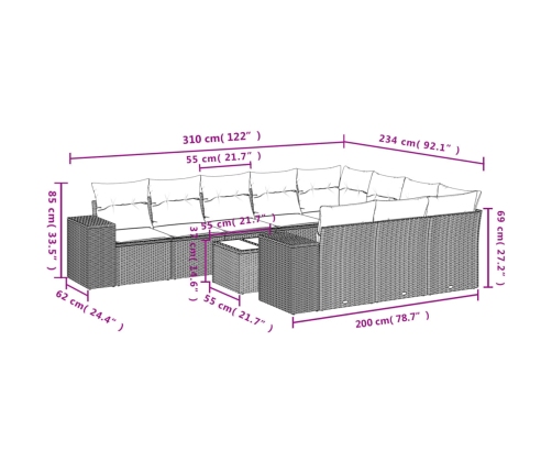 Set de sofás de jardín 11pzas con cojines ratán sintético beige