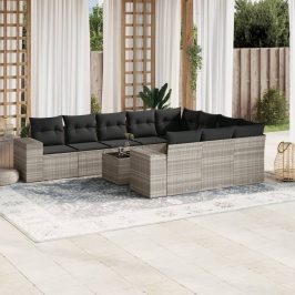 Set de sofás de jardín 11 pzas y cojines ratán sintético gris