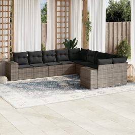 Set de sofás de jardín 10 pzas con cojines ratán sintético gris