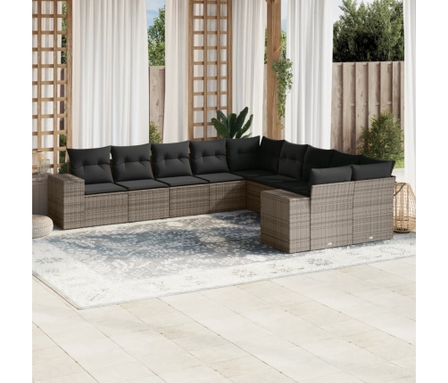 Set de sofás de jardín 10 pzas con cojines ratán sintético gris