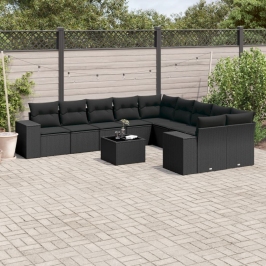 Set de sofás de jardín 11 pzas y cojines ratán sintético negro