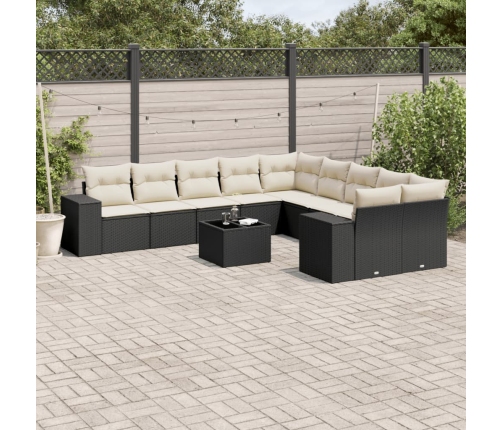 Set de sofás de jardín 11 pzas y cojines ratán sintético negro