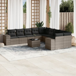 Set de sofás de jardín 11 pzas y cojines ratán sintético gris