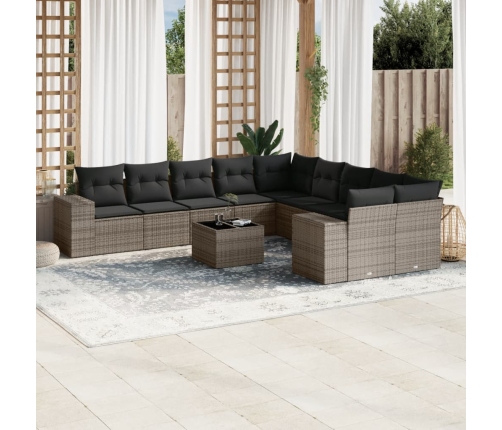 Set de sofás de jardín 11 pzas y cojines ratán sintético gris
