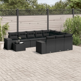 Set de sofás de jardín 11 pzas y cojines ratán sintético negro