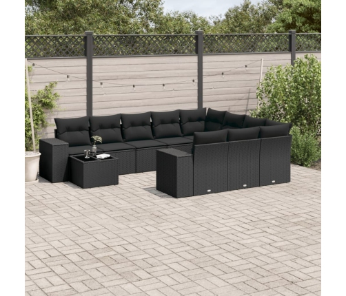 Set de sofás de jardín 11 pzas y cojines ratán sintético negro