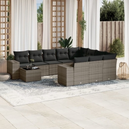 Set de sofás de jardín 11 pzas y cojines ratán sintético gris