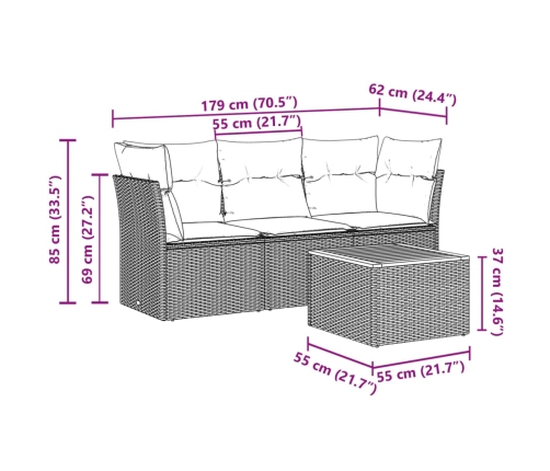 Set de sofás de jardín 4 pzas y cojines ratán sintético gris