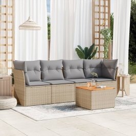 Juego de sofás jardín con cojines beige mezcla 5 pzas ratán PE