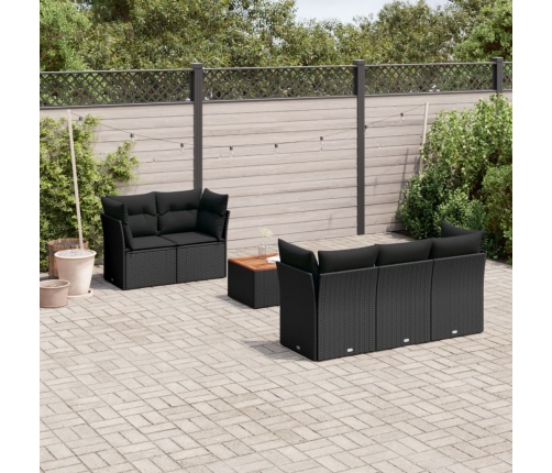 Set de sofás de jardín 6 piezas y cojines ratán sintético negro