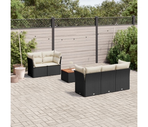 Set de sofás de jardín 6 piezas y cojines ratán sintético negro