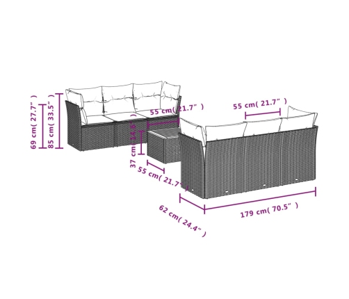 Set de comedor de jardín 7 pzas y cojines ratán sintético negro
