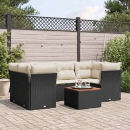 Set de comedor de jardín 7 pzas y cojines ratán sintético negro