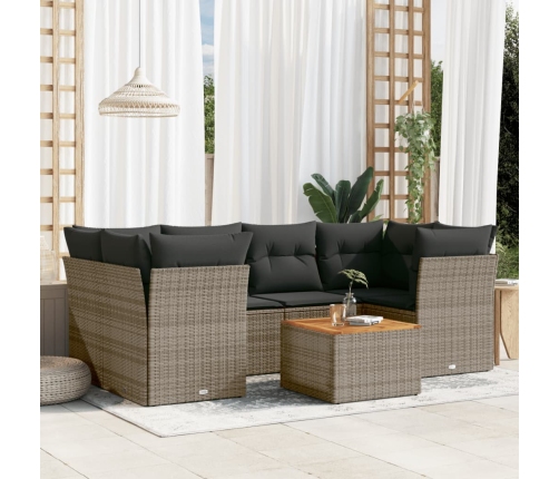 Set de sofás de jardín 7 piezas con cojines ratán PE gris