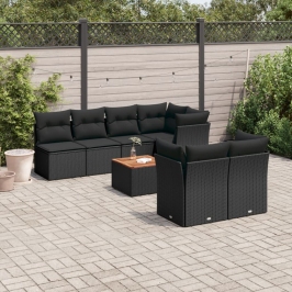 Set de sofás de jardín y cojines 8 piezas ratán sintético negro