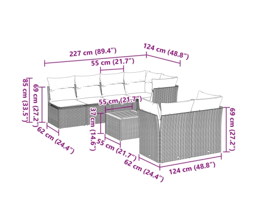 Set de sofás de jardín y cojines 8 piezas ratán sintético gris