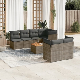 Set de sofás de jardín y cojines 8 piezas ratán sintético gris
